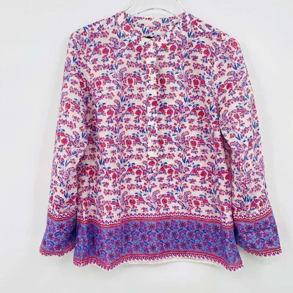 J. Crew Size XS Summery Metallic Thread Iris Block Print Tunic Top Pink & Blue